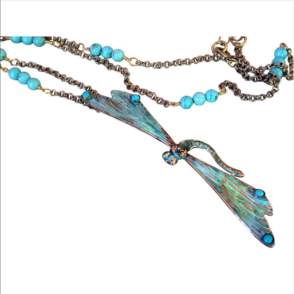 Gorgeous patina turquoise dragonfly necklace
